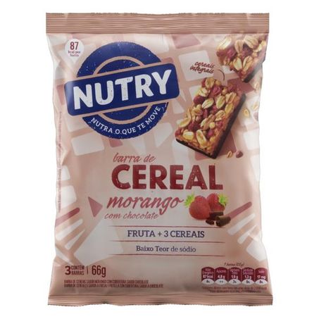 PACK BARRA DE CEREAL MORANGO COBERTURA CHOCOLATE NUTRY COM 3 UNIDADES