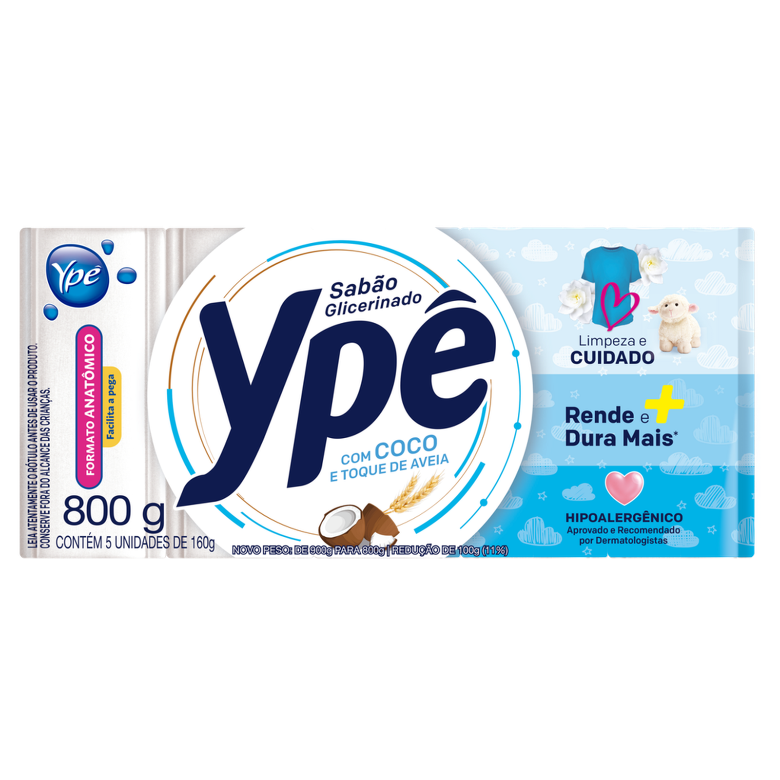 Sabão Barra Glicerinado Coco Ypê Pacote 800g