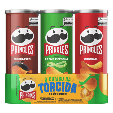 Kit Salgadinho de Batata Churrasco 109g  Creme e Cebola 109g  Original 104g Pringles Edição Limitada O Combo da Torcida