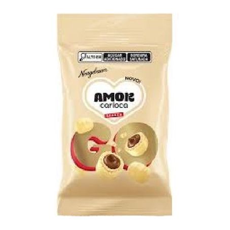 Confeito de Wafer Recheio Castanha-de-Caju Cobertura Chocolate Branco Amor Carioca Pacote 40g