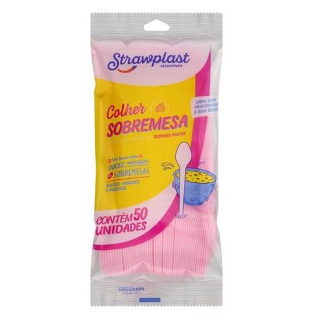Colher descartável strawplast rosa para sobremesa c/50