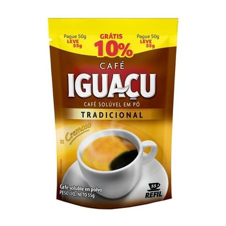 Café Solúvel em Pó Iguaçu Tradicional + Cremoso Sachê 55gr - Refil
