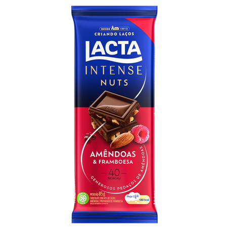Choc Barra Lacta Intense 85g 40% Amendoas/Framboesa