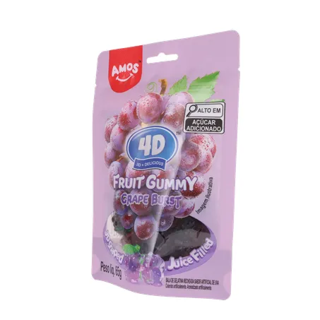 Balas de Gelatina Amos Fruit Gummy Grape Burst Juice Filled Sachê 65gr 360-3