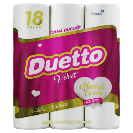 Papel Higiênico Duetto 30m - Velvet - Folha Dupla - Com 18 Rolos