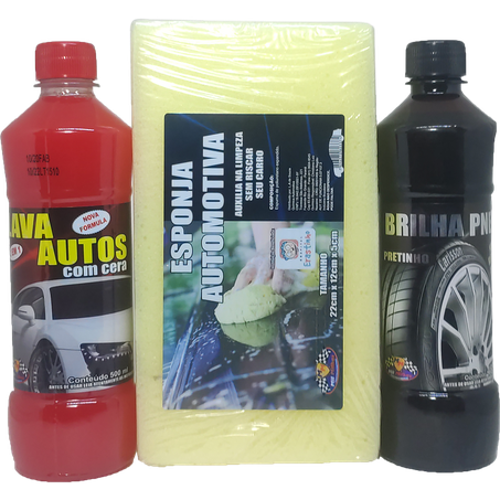 KIT LIMPEZA AUTOMOTIVA MIL MILHAS  3X1 DETERGENTE AUTOMOTIVO C/CERA + BRILHA PNEU LÍQUIDO 485ML + ESPUMA