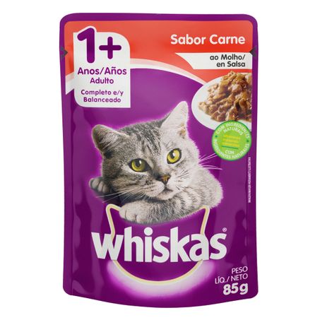 Alimento para gatos adultos 1+ carne ao molho whiskas sachê