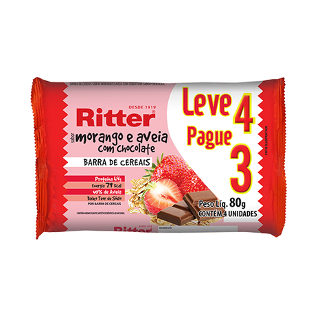 BARRA DE CEREAIS RITTER 80G SABOR MORANGO E AVEIA COM COBERTURA SABOR CHOCOLATE