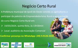 Reunião sobre o programa Negócio Certo Rural será realizada em Iporã do Oeste