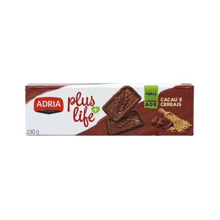 Biscoito adria 130g plus life cacau e cereais