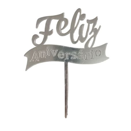 TOPO DE BOLO FAIXA FELIZ ANIVERSÁRIO PRATA 10X16CM