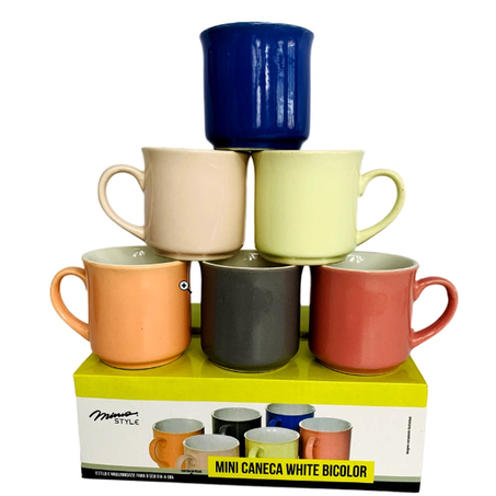 JOGO MINI CANECA MIMO CERÂMICA WHITE BICOLOR C/6 90ML