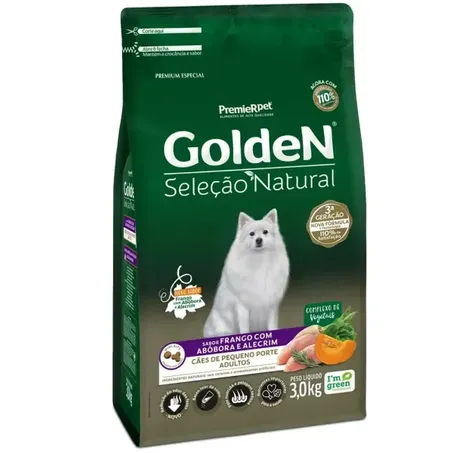 Ração Golden Seleção Natural para Cães Adultos de Porte Pequeno Sabor Frango com Abóbora e Alecrim 3Kg