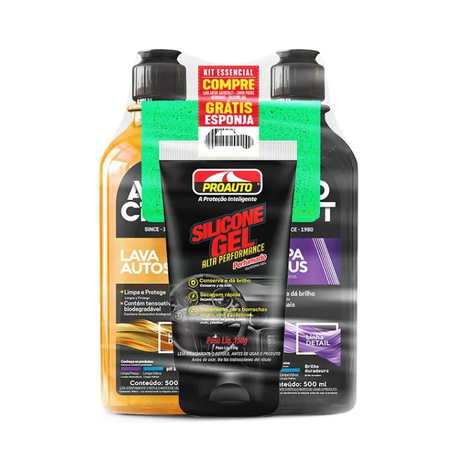 Kit Essencial Proauto Para Carros Shampoo 500Ml Limpa Pneus 500Ml  Silicone 150G  Esponja 