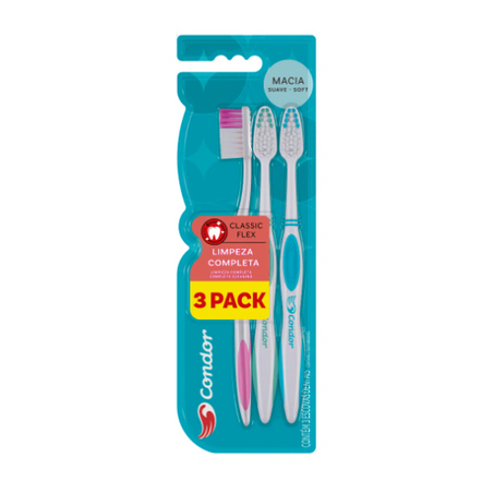Escova dental condor limpeza completa macia c/3