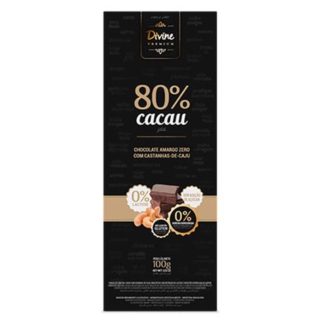 BARRA CHOC ZERO LAC DIVINE 80CACAU 100G