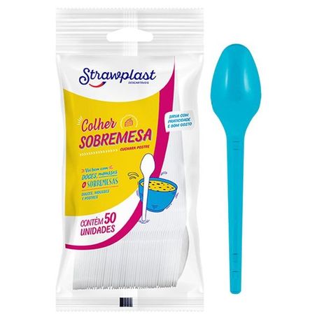 Colher descartável strawplast azul para sobremesa c/50
