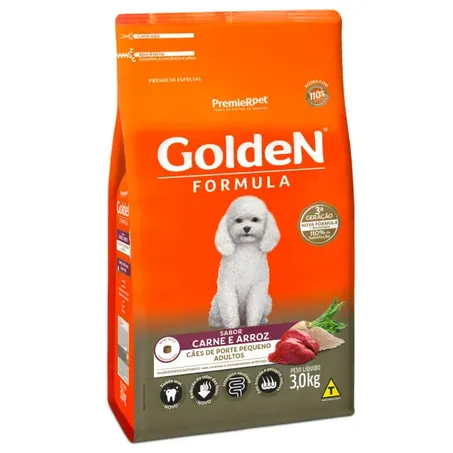 Ração Golden Fórmula Mini Bits Para Cães Adultos de Porte Pequeno Sabor Carne e Arroz 3Kg