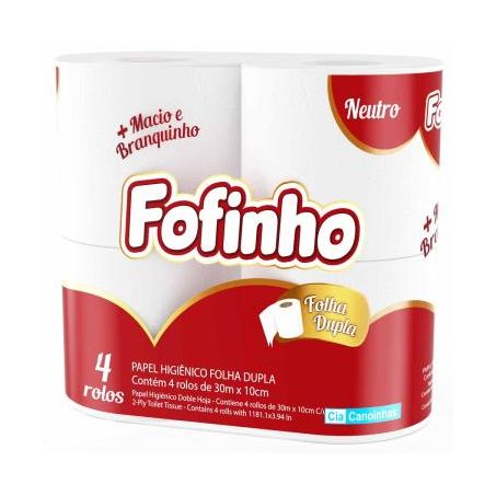 Papel higiênico folha dupla fofinho 30 metros com 4 rolos neutro