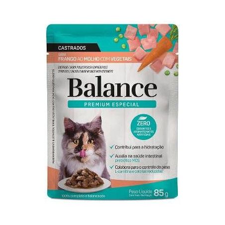 Ração gatos castrados frango ao molho com vegetais balance 85g