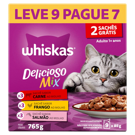 Ração Whiskas 85g - Adultos - Salmão - Leve 9, Pague 7 Sachês