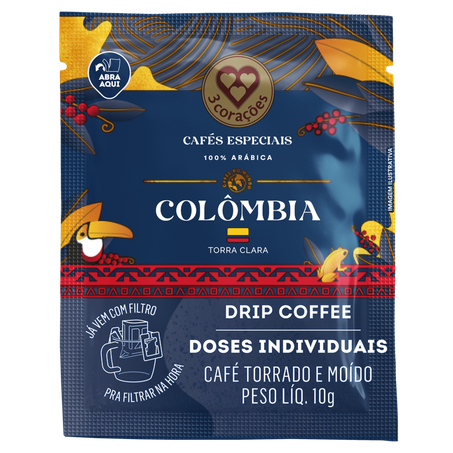 CAFÉ TORRADO E MOÍDO 3 CORAÇÕES DRIP COFFEE COLÔMBIA SACHÊ 10G