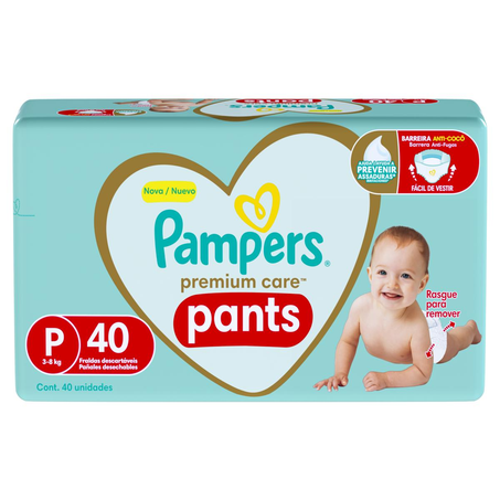 Fralda Pampers Premium Care Pants Mega Tam. P - 40 / M - 34 / G - 30 / XG - 26 / XXG - 24