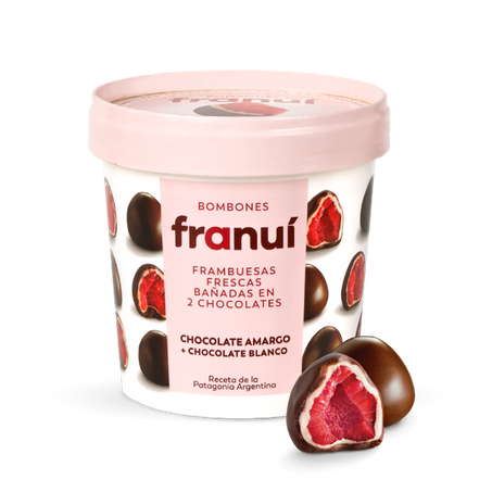 Framboesas banhadas em chocolate branco e amargo franuí 142g