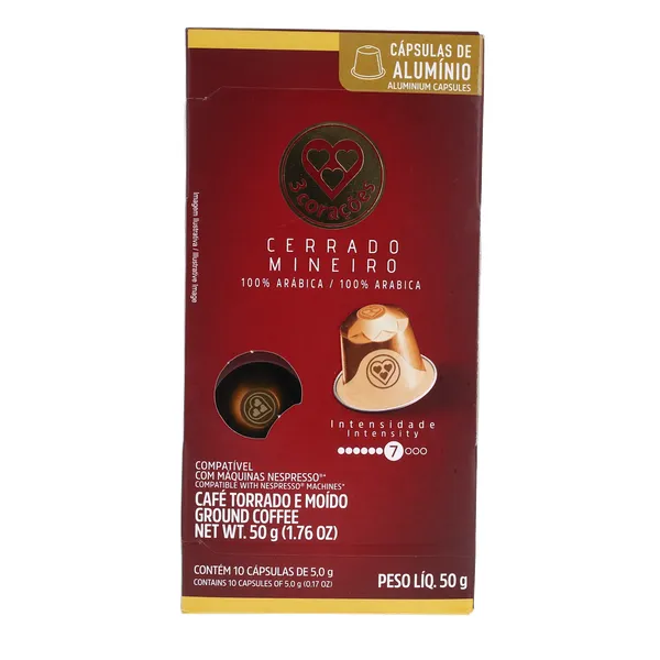 Café Em Cápsula Torrado e Moído Cerrado Mineiro 3 Corações Caixa 50g 10 ...