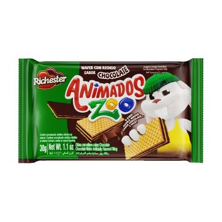 Biscoito Wafer Recheio Chocolate Richester Animados Zoo Pacote 30G
