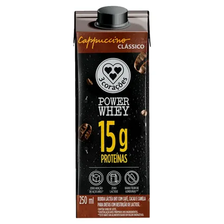 Bebida Láctea UHT 3corações Cappuccino Clássico 15g de Proteínas Zero Adição de Açúcares Zero Lactose Caixa com Tampa 250ml