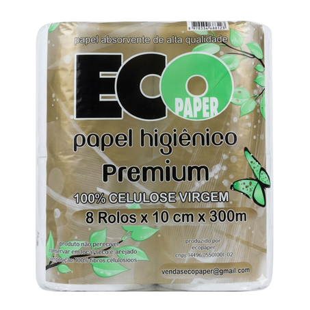 PAPEL HIGIÊNICO ROLÃO FOLHA SIMPLES 100% CELULOSE 300M 9CM ECOPAPER EXTRA LUXO C/8 ROLOS