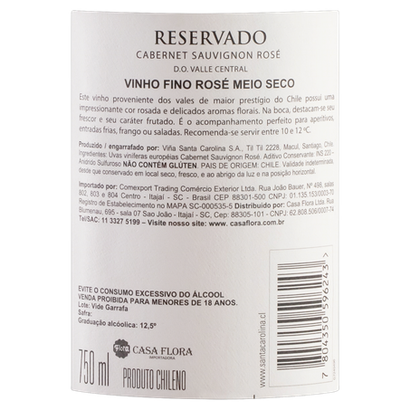 Vinho Chileno Rosé Meio Seco Reservado Santa Carolina Cabernet Sauvignon Valle Central 750ml 360-2