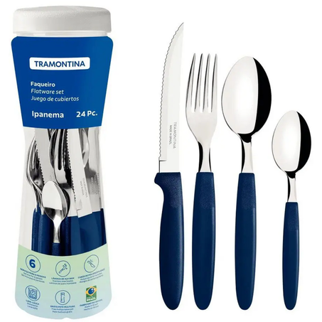 Faqueiro inox tramontina ipanema azul pote 24un