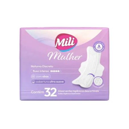 Absorvente mili mulher noturno discreto com abas 32un