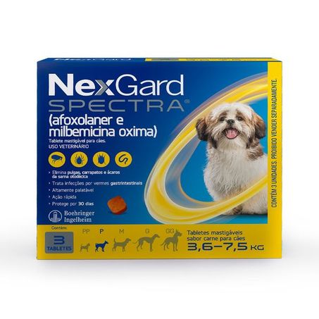 NexGard Spectra Antipulgas e Vermífugo Cães 3,6kg a 7,5kg 3 tabletes