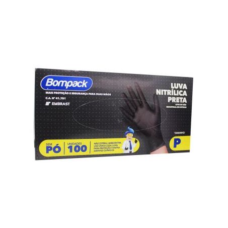 LUVA NITRÍLICA S/ PÓ PEQUENA PRETA C/100UN BOMPACK