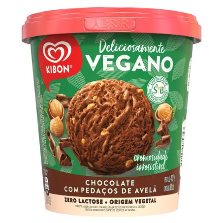 SORVETE VEGANO CHOCOLATE COM PEDAÇOS DE AVELÃ ZERO LACTOSE KIBON