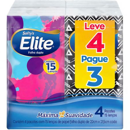 Lenço de papel Elite Softys com 15 folhas leve 4 pague 3