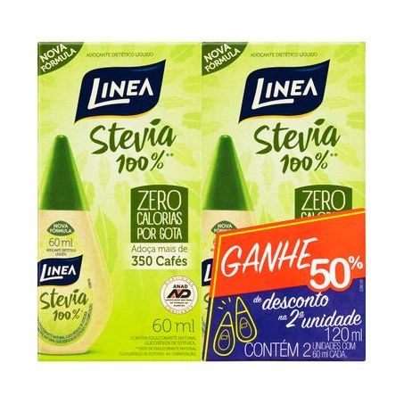 Pack Adoçante Líquido Stevia Linea Caixa 2 Unidades Grátis 50% de Desconto Na 2ª Unidade 120ML