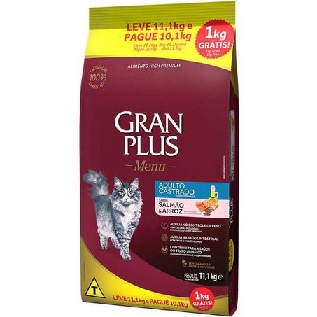Ração GranPlus Menu Salmão e Arroz para Gatos Castrados Adultos 10,1 Kg + 1 Kg