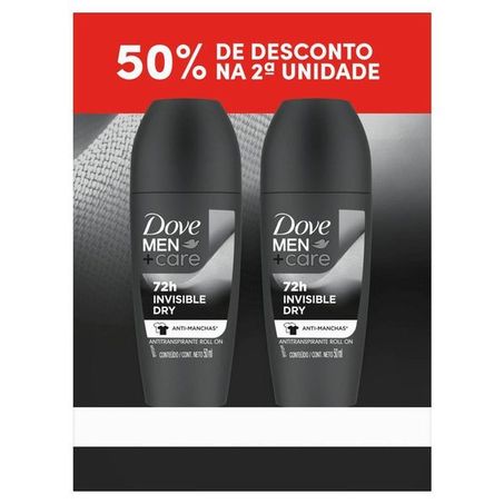 Pack Desodorante Antitranspirante Roll-On Invisible Dry Dove MenCare 2 Unidades 50ml Cada Grátis 50 de Desconto na 2ª Unidade