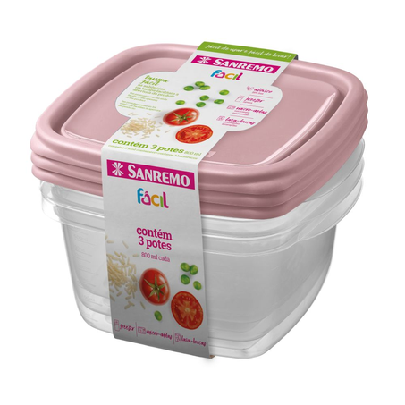 CONJUNTO POTE SANREMO FACIL QUADRADO ROSA C/3 800ML
