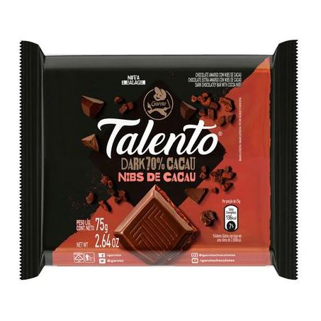 CHOCOLATE EM BARRA DARK NIBS CACAU TALENTO GAROTO 75G