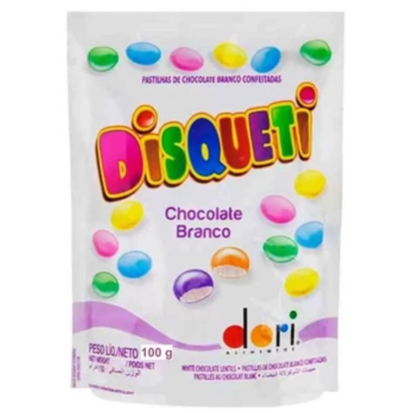 Confeito disqueti 100g dori chocolate branco pouch