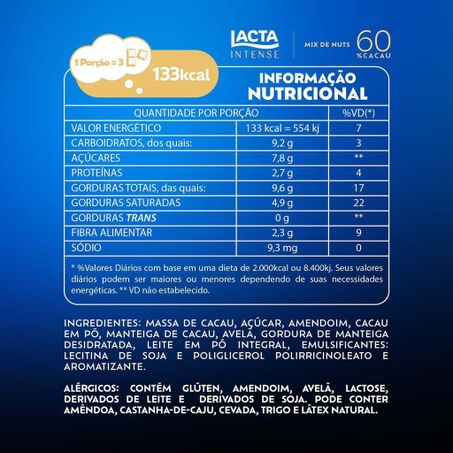 CHOCOLATE LACTA INTENSE 60% CACAU MIX NUTS 85G 360-3