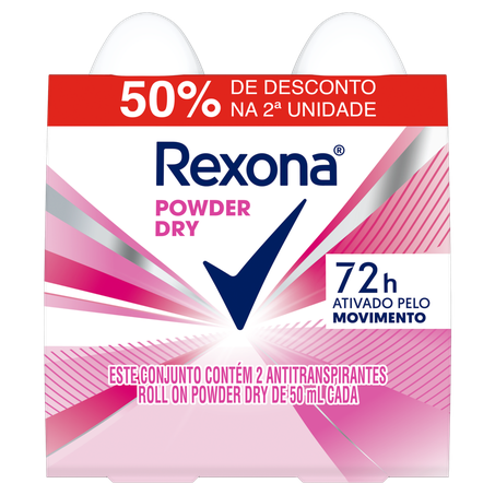 Kit Antitranspirante Roll-On Powder Dry 72h Rexona 50ml Cada Grátis 50 de Desconto na 2ª Unidade