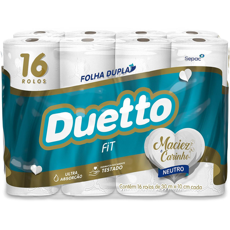 Papel Higiênico Duetto Fit 30m - Folha Dupla - Neutro - Com 16 Rolos