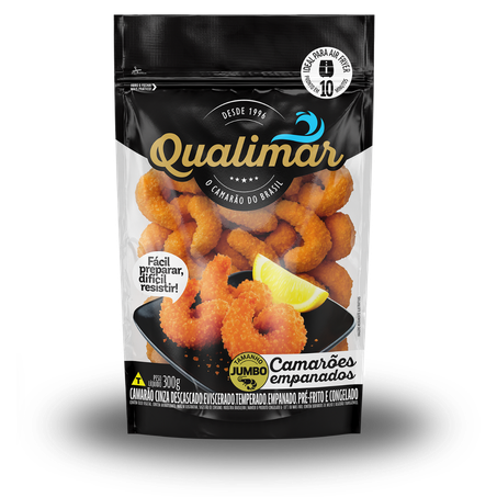 Camarão cinza descascado, eviscerado, temperado, empanado, pré-frito e cong 300g