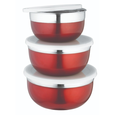 Conjunto de Bowls Tezor Inox com Tampa 3 Peças Vermelhas